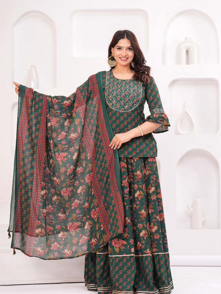 Women Floral Printed Cotton A-Line Kurti with Skirt & Dupatta