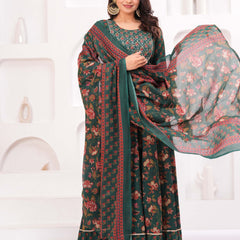Women Floral Printed Cotton A-Line Kurti with Skirt & Dupatta