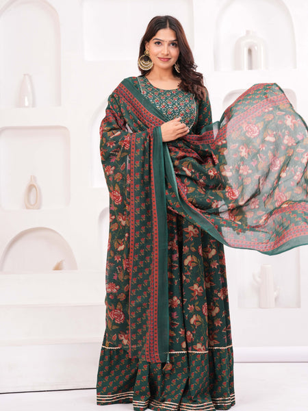 Women Floral Printed Cotton A-Line Kurti with Skirt & Dupatta