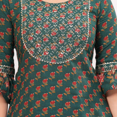 Women Floral Printed Cotton A-Line Kurti with Skirt & Dupatta
