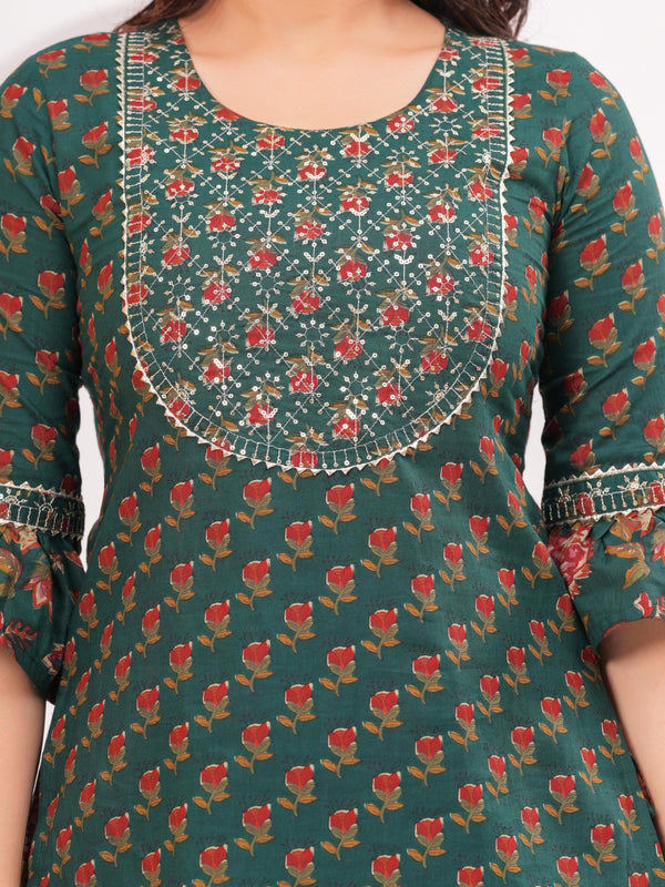Women Floral Printed Cotton A-Line Kurti with Skirt & Dupatta