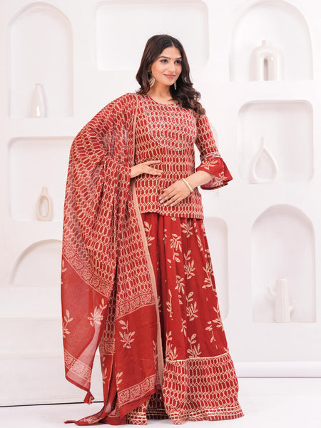 Women Ethnic Motifs Printed Cotton A-Line Kurti with Skirt & Dupatta
