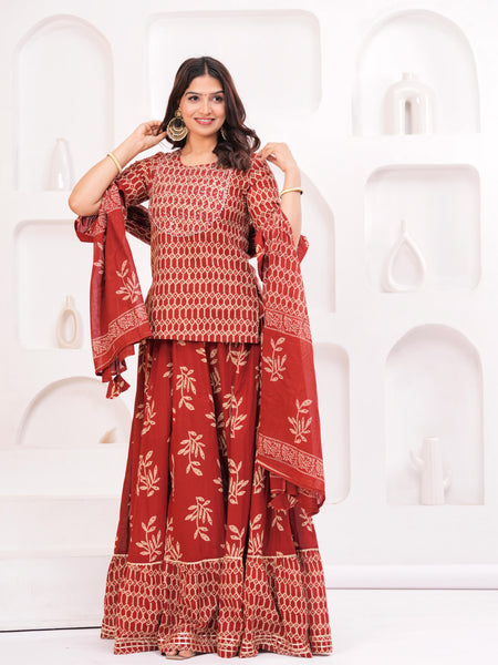 Women Ethnic Motifs Printed Cotton A-Line Kurti with Skirt & Dupatta