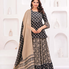 Women Paisley Printed Cotton Kurti with Skirt & Dupatta