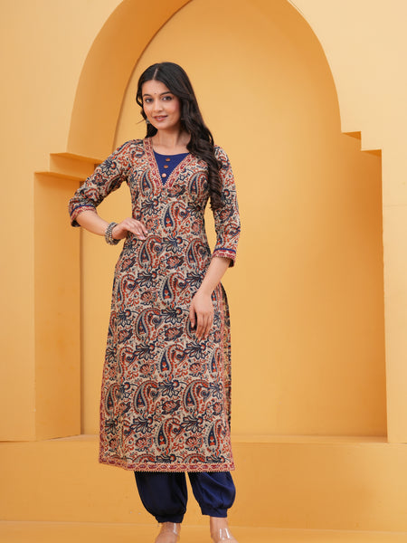Women Geometric Printed Thread Work Straight Kurta