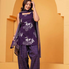 Women's Purple Floral Printed Pure Cotton Kurti Pant Dupatta Set
