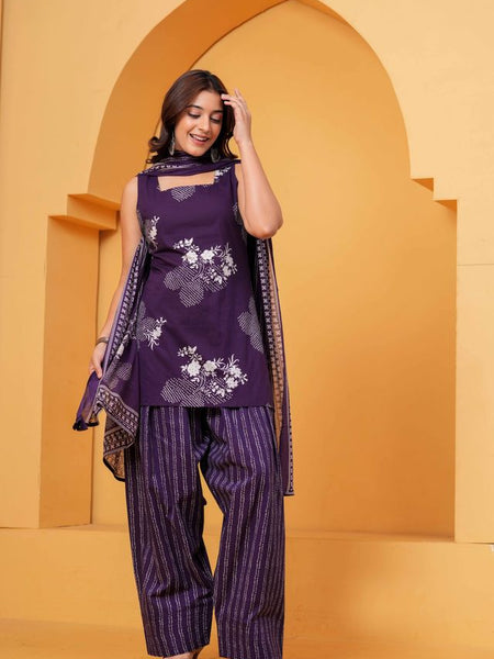 Women's Purple Floral Printed Pure Cotton Kurti Pant Dupatta Set