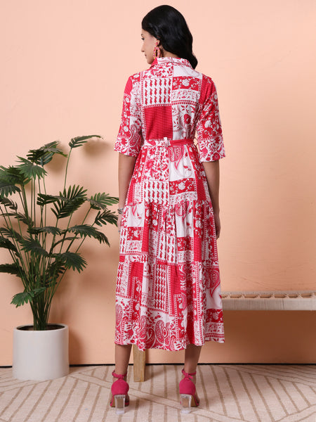 Pink Print A-Line Midi Dress Back