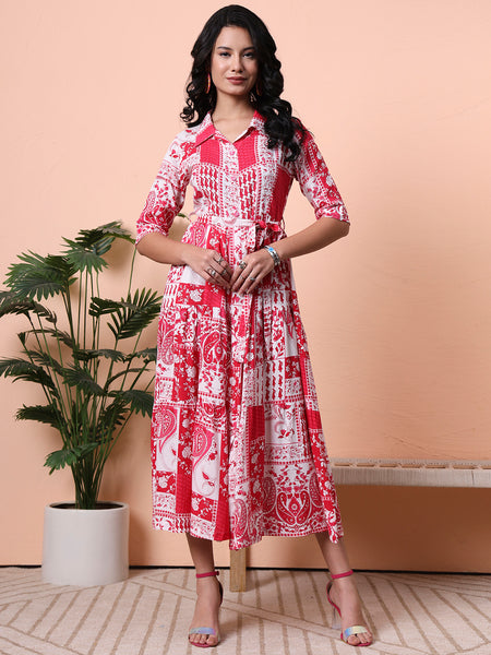 Pink Print A-Line Midi Dress