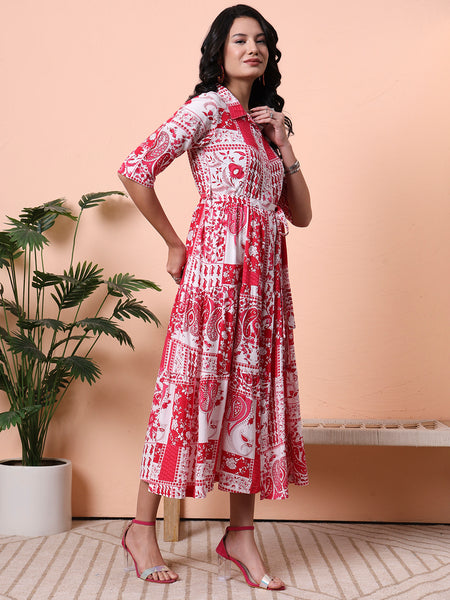 Pink Print A-Line Midi Dress Side