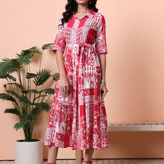 Pink Print A-Line Midi Dress Front
