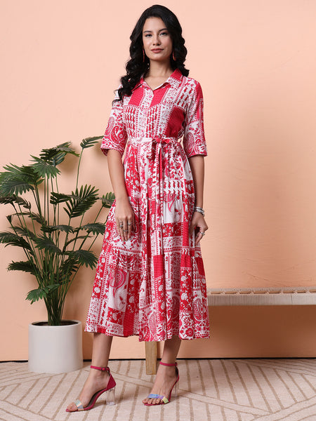 Pink Print A-Line Midi Dress Front