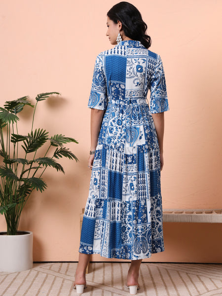 Bohemian Print A-Line Midi Dress Back
