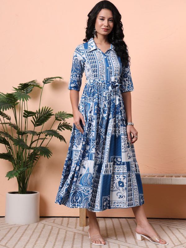 Bohemian Print A-Line Midi Dress Front
