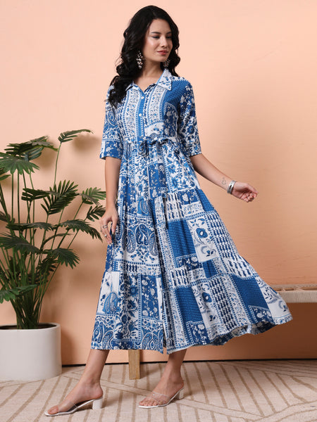 Bohemian Print A-Line Midi Dress Side