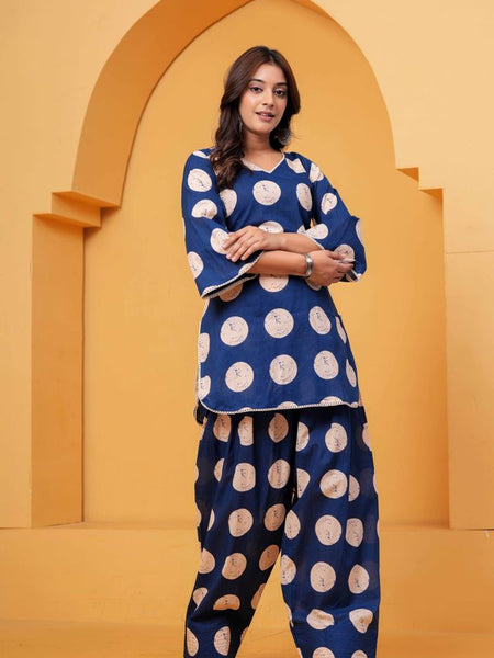 Women's Blue Printed Pure Cotton Kurti Farshi Salwar Set
