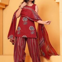 Women's Red Floral Printed Pure Cotton Kurti Farshi Salwar Dupatta Set