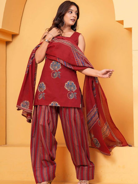 Women's Red Floral Printed Pure Cotton Kurti Farshi Salwar Dupatta Set