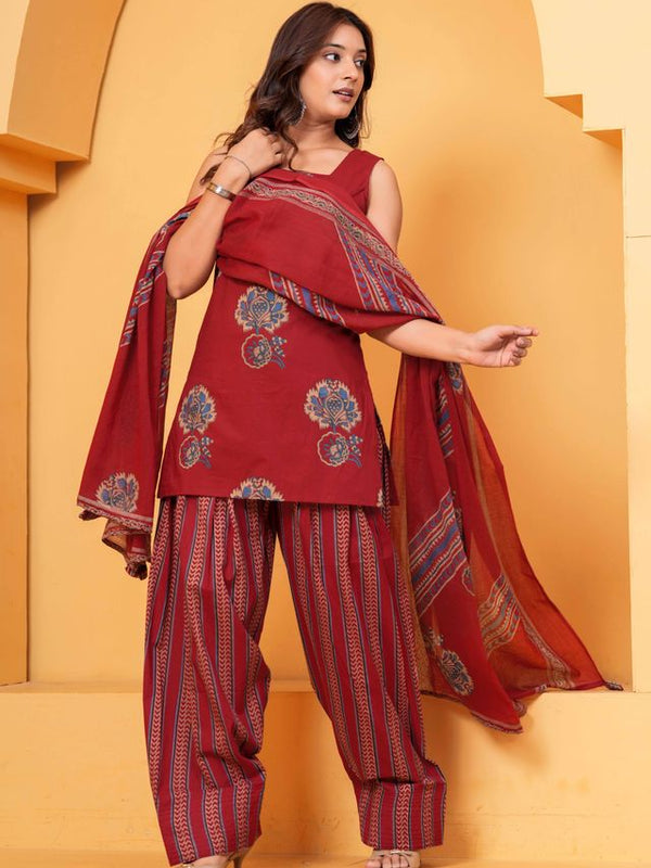 Women's Red Floral Printed Pure Cotton Kurti Farshi Salwar Dupatta Set