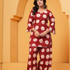 Women's Maroon Printed Pure Cotton Kurti Farshi Salwar Set