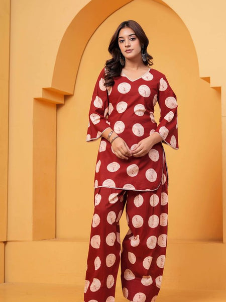Women's Maroon Printed Pure Cotton Kurti Farshi Salwar Set