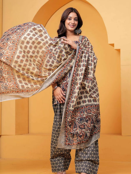 Women's Multicolor Printed Pure Cotton Kurti Farshi Salwar Dupatta Set