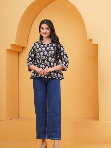 Floral Print Black Cotton Top Front