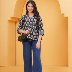 Floral Print Black Cotton Top