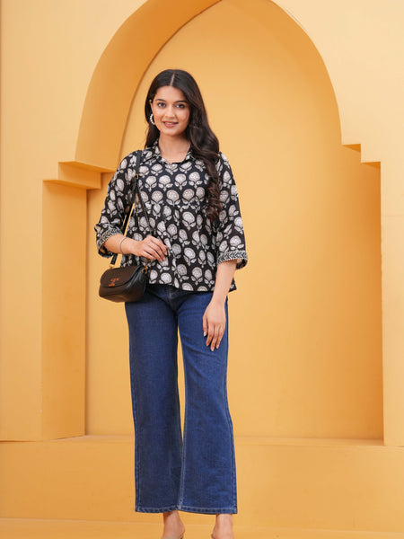 Floral Print Black Cotton Top