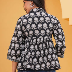 Floral Print Black Cotton Top Back