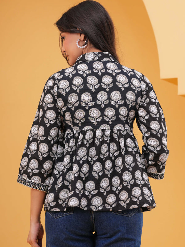 Floral Print Black Cotton Top Back