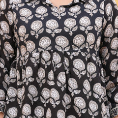 Floral Print Black Cotton Top Zoomed