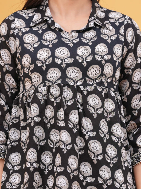 Floral Print Black Cotton Top Zoomed