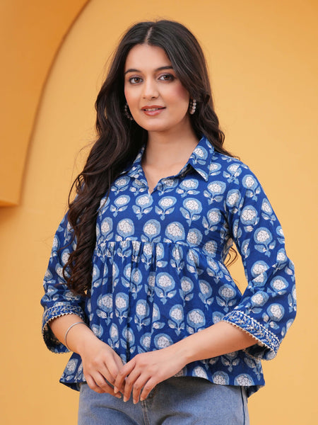 KALINI Print Blue Cotton Top Image