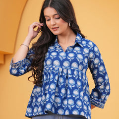 KALINI Print Blue Cotton Top Front View