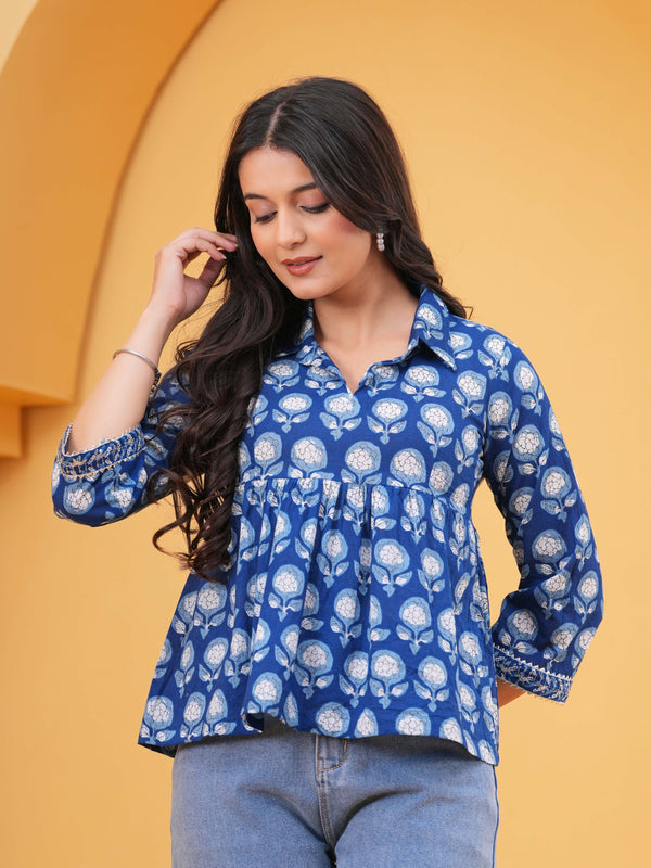 KALINI Print Blue Cotton Top Front View