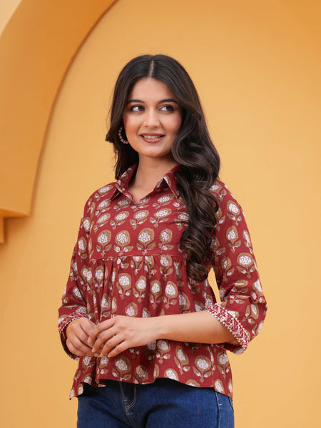 Floral Print Maroon Cotton Top