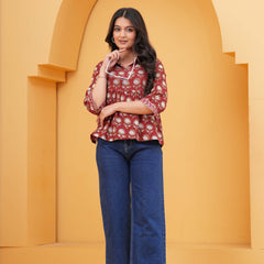 Floral Print Maroon Cotton Top