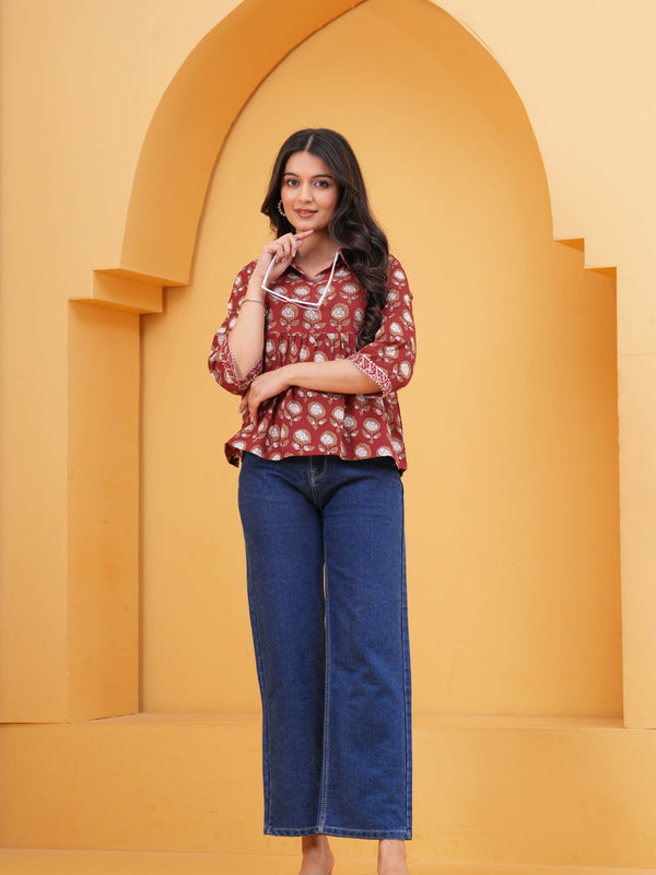 Floral Print Maroon Cotton Top