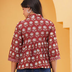 Floral Print Maroon Cotton Top