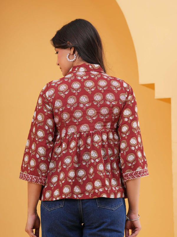 Floral Print Maroon Cotton Top