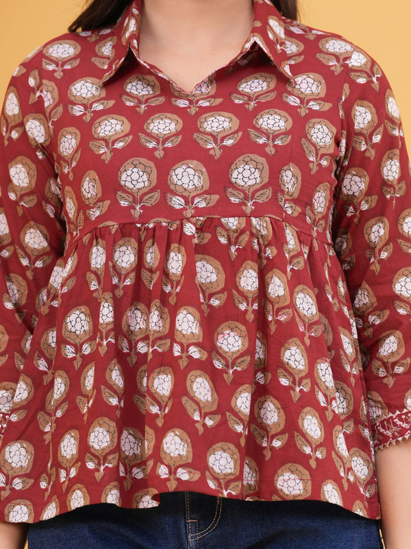 Floral Print Maroon Cotton Top