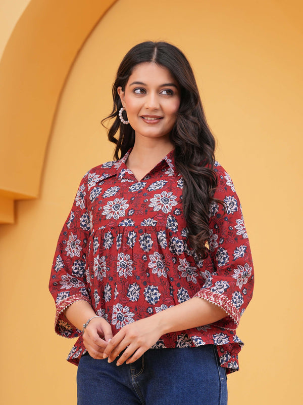 Floral Print Red Cotton Top