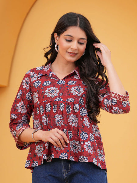 Floral Print Red Cotton Top