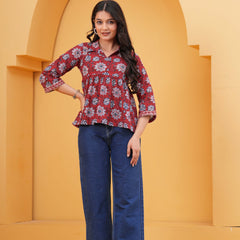 Floral Print Red Cotton Top