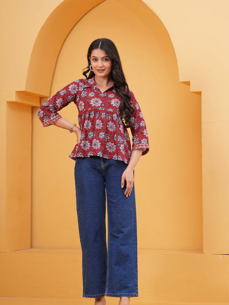 Floral Print Red Cotton Top