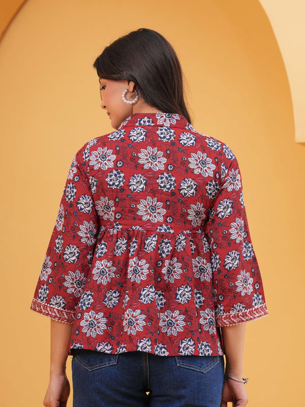 Floral Print Red Cotton Top