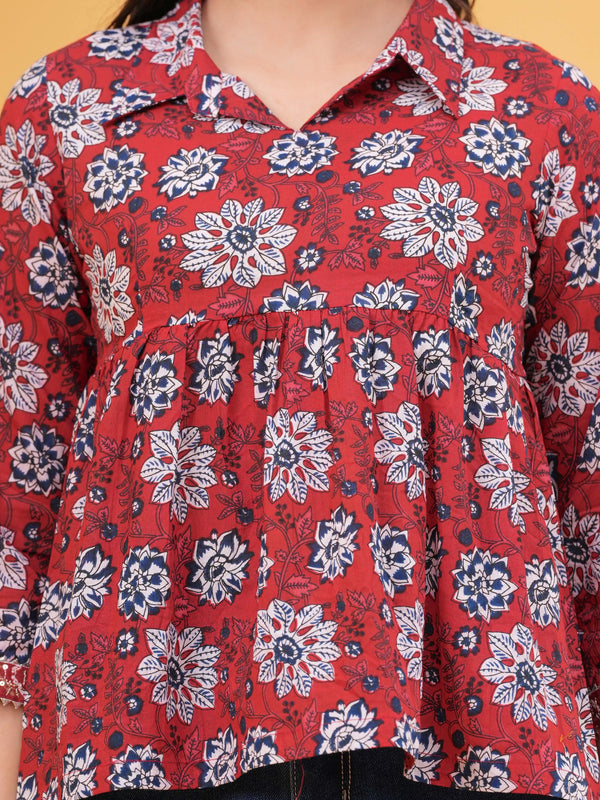 Floral Print Red Cotton Top