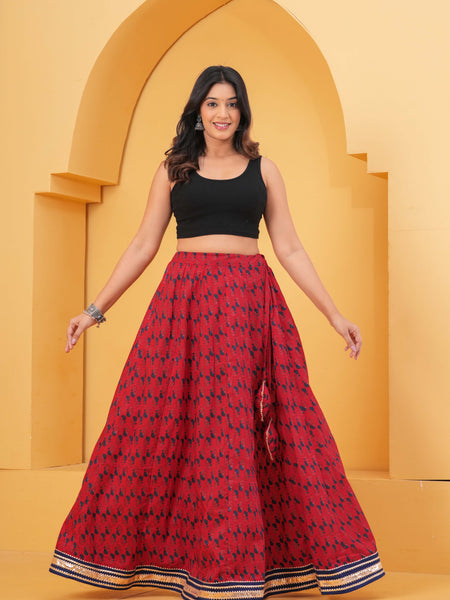 Red Printed Flared Maxi Skirt