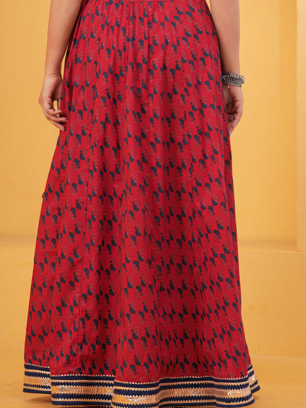Red Printed Flared Maxi Skirt